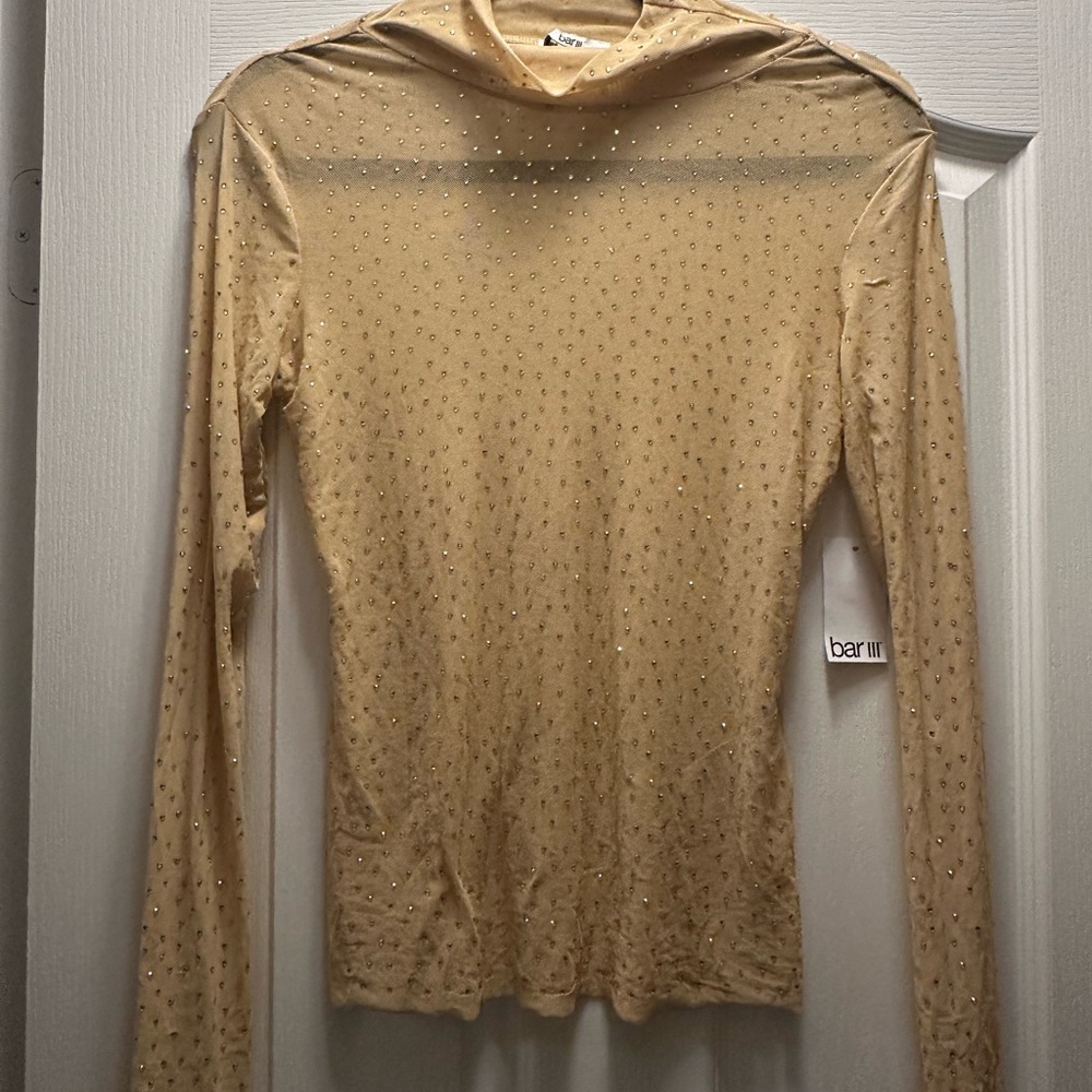Bar III Beige Sheer Embellished Long Sleeve Top